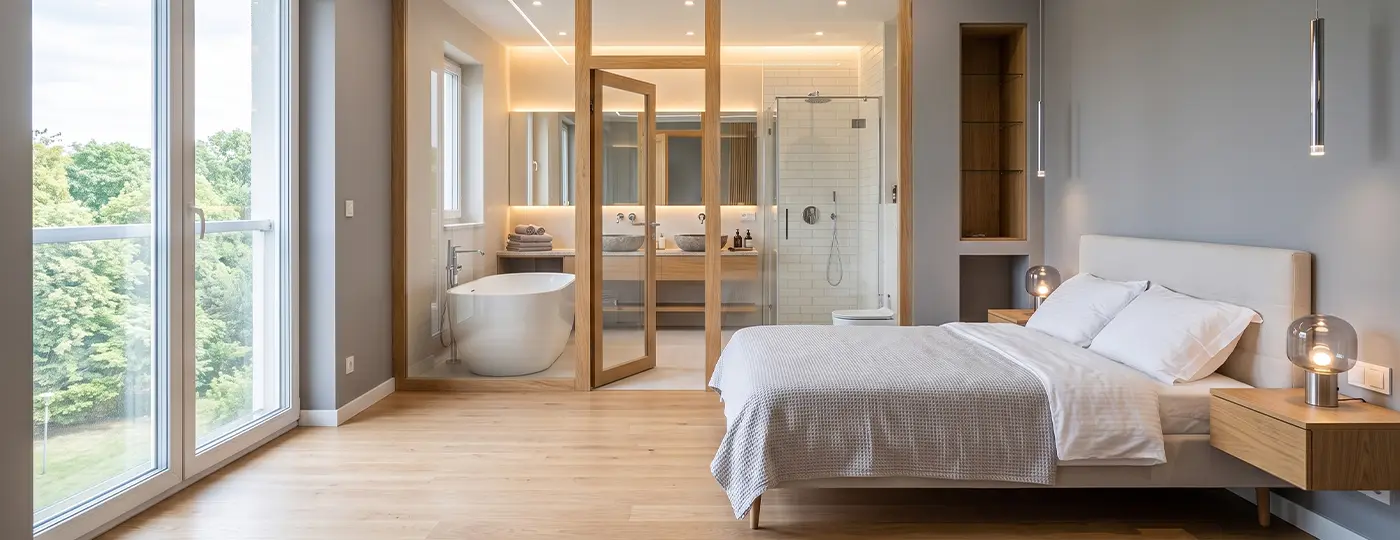 Ein modern eingerichtetes Schlafzimmer mit einem verglasten Badezimmer nach einer Renovierung.