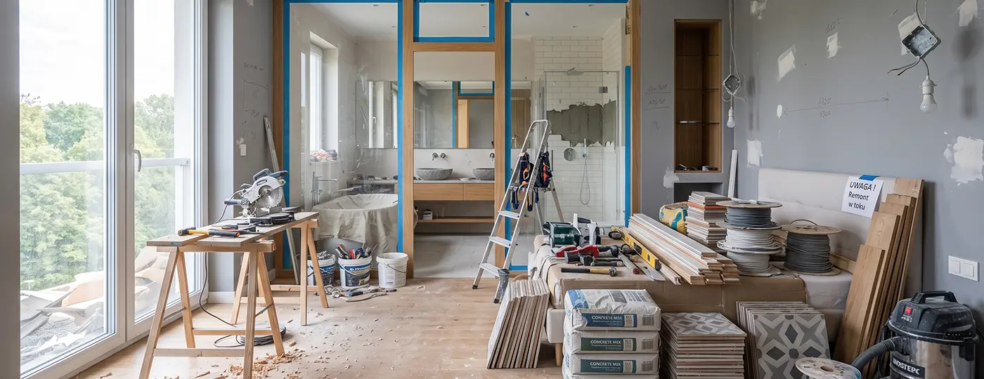 Schlafzimmer mit eigenem Bad, das umfassend renoviert wird; Baumaterialien und Werkzeuge sind sichtbar.
