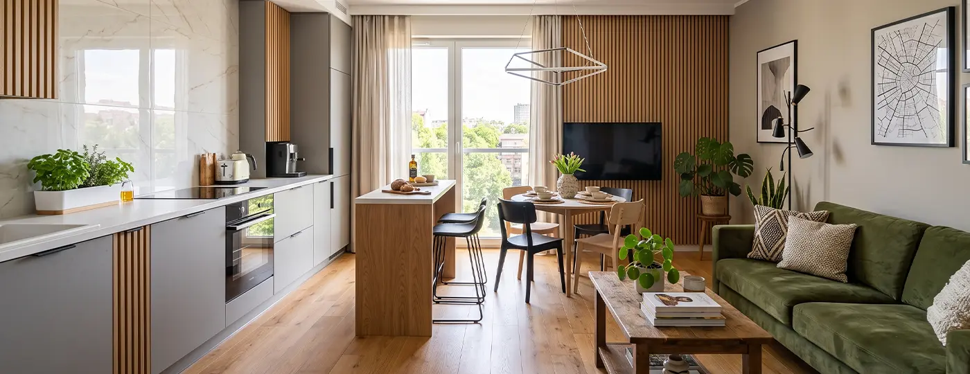 Ein modern eingerichtetes Wohnzimmer mit Kochnische nach abgeschlossener Renovierung.