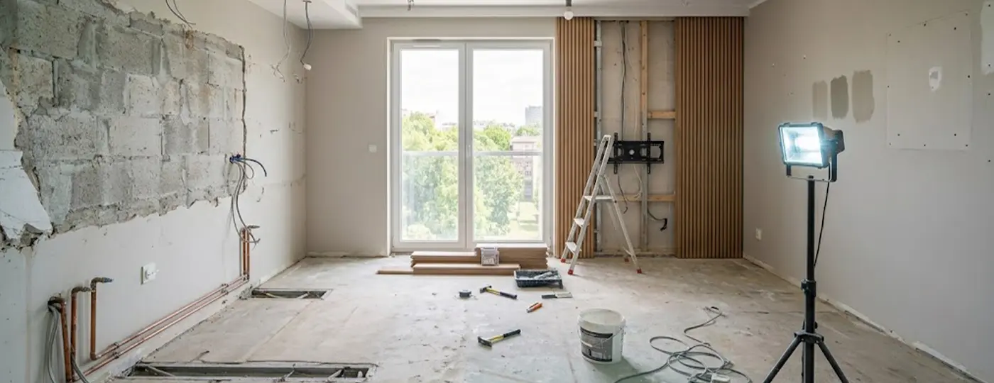 Wohnzimmer mit Kochnische, das gerade umfassend renoviert wird; freiliegende Installationen und Werkzeuge sind sichtbar.