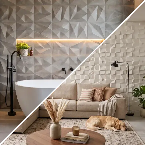 Eine Collage, die links graue 3D-Fliesen in einem Badezimmer mit Badewanne und rechts eine helle 3D-Wand in einem Wohnzimmer mit Sofa und einem schlafenden Hund zeigt.