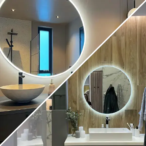 Eine Collage aus zwei modernen Badezimmern mit runden, von hinten beleuchteten LED-Spiegeln und Aufsatzwaschbecken.
