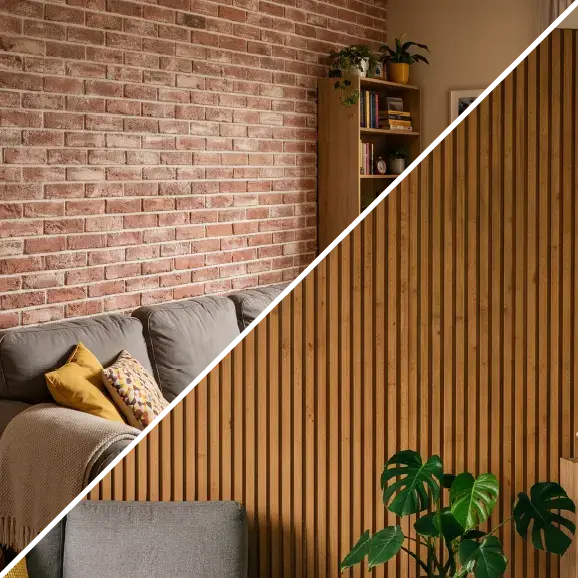 Eine Collage aus zwei Innenansichten: eine Wand aus rötlich-braunen Ziegelsteinen und eine Wand aus Holzlatten.