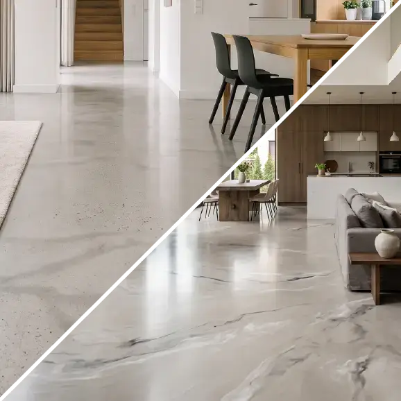 Ein diagonal unterteilter, moderner Innenraum mit einem glänzenden Epoxidharzboden in Marmoroptik.