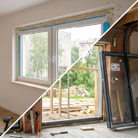 Montage eines weißen PVC-Fensters und einer dunklen Terrassentür.