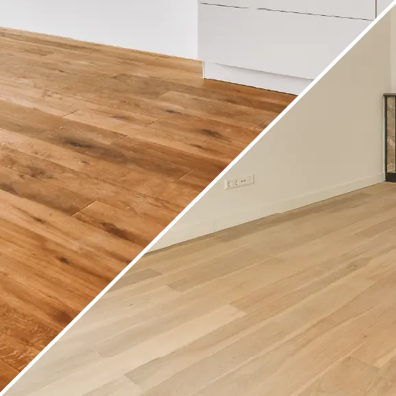 Eine Collage, die zwei Farbtöne eines Holzbodens zeigt: links warmes, dunkleres Holz, rechts helle Bodenpaneele.