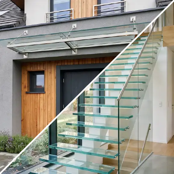 Zusammenstellung moderner Glaskonstruktionen: Hauseingangsüberdachungen sowie Treppen mit Glasgeländer.