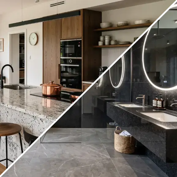 Gegenüberstellung einer modernen Küche mit heller Granitarbeitsplatte und eines eleganten Badezimmers mit dunklem Stein und beleuchtetem Spiegel.