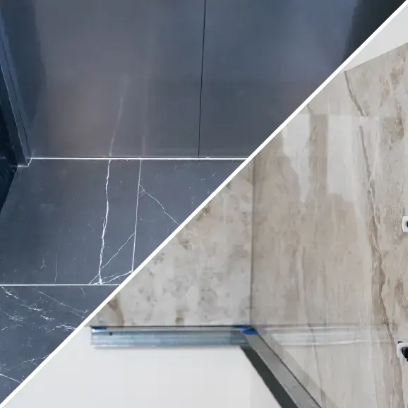 Eine Collage von Montagedetails: links eine schwarze Platte mit weißer Aderung unter einem Metallpaneel, rechts helles, poliertes Feinsteinzeug auf einer Unterkonstruktion.