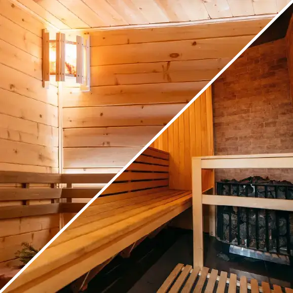 Eine Collage, die das Innere einer Heimsauna aus Holz zeigt, einschließlich Beleuchtung und eines Saunaofens mit Steinen.