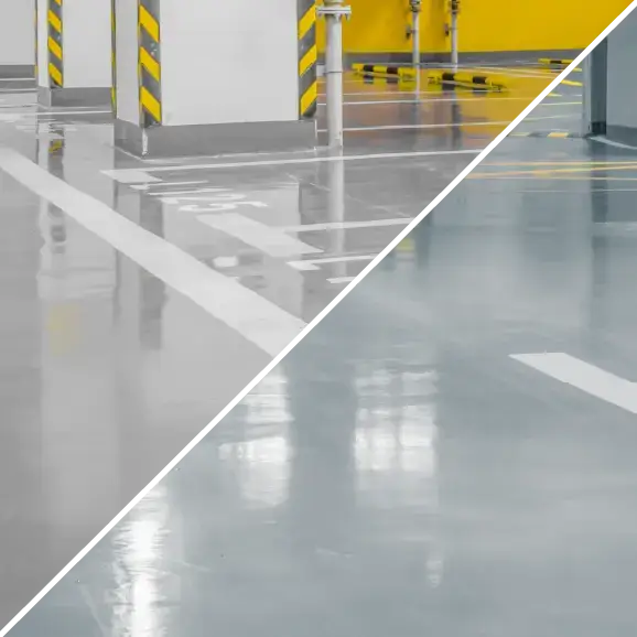 Tiefgarage mit einem grauen Industrieboden aus Kunstharz.