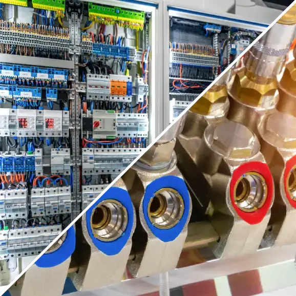 Eine Collage, die einen Schaltschrank mit Leitungen sowie Hydraulikanschlüsse zeigt.