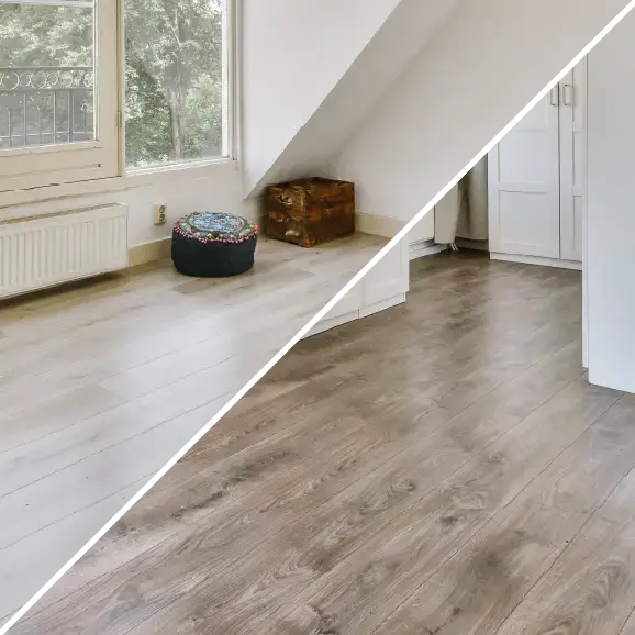 Eine Collage, die zwei Innenräume mit Laminatboden zeigt.