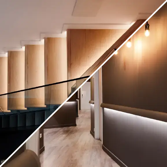 Eine Collage, die die Holzoberfläche der Treppe und einen modernen Flur mit linearer LED-Beleuchtung zeigt.