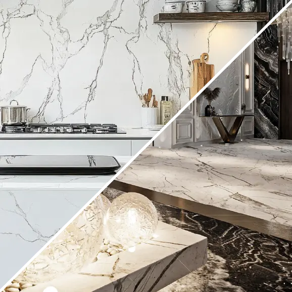 Eine Collage eleganter Innenräume mit Marmorelementen: links eine Küche mit weißem, geadertem Marmor, rechts ein luxuriöses Foyer mit Marmorboden und einer dunklen Akzentwand.