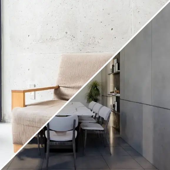 Collage: Sichtbetonwand und Mikrozement-Oberfläche.
