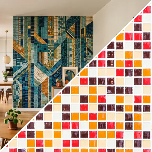 Wand mit künstlerischem Mosaik im Esszimmer sowie Nahaufnahme des mehrfarbigen Mosaiks.