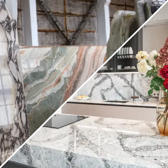 Eine Collage, die unbearbeitete Natursteinplatten sowie eine moderne Küche mit einer Arbeitsplatte und einer Wandverkleidung aus hellem, gemustertem Granit zeigt.
