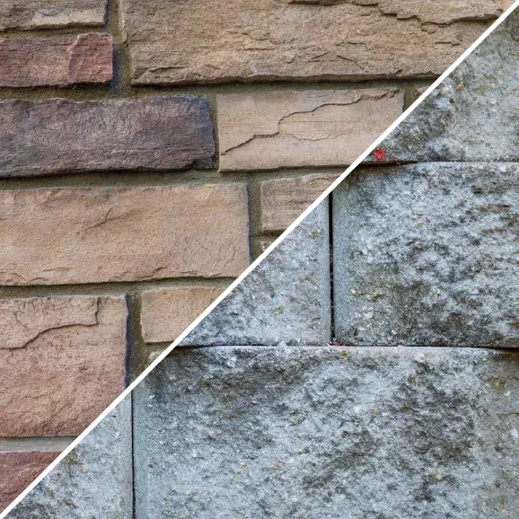 Eine Collage, die zwei Arten von Natursteinfassaden zeigt: links warmer, sandfarbener Bruchstein, rechts graue, raue Steinblöcke.