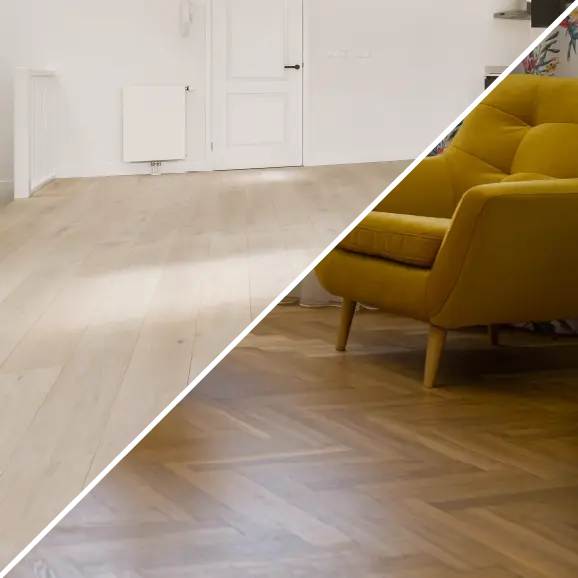 Eine Collage, die zwei Verlegemuster für Holzböden zeigt: links helle, geradlinig verlegte Dielen, rechts dunkleres Fischgrätparkett mit einem sichtbaren gelben Sessel.