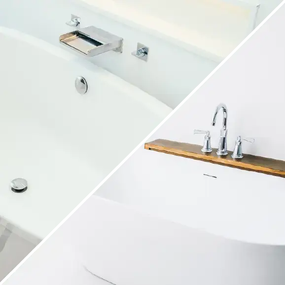 Eine Collage, die eine verchromte Wasserfall-Badewannenarmatur und eine moderne Waschbeckenarmatur zeigt, welche auf einer Holzablage montiert sind.