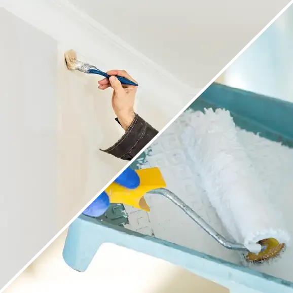 Eine Collage, die das präzise Streichen einer Wand mit einem Pinsel im Deckenbereich sowie eine Farbrolle in einer Wanne mit weißer Farbe zeigt.