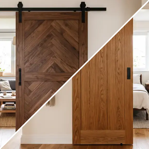 Gegenüberstellung zweier Holz-Schiebetürmodelle im rustikalen und modernen Stil.