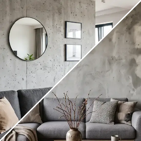 Vergleich einer Betonwand und eines Dekorputzes hinter einem grauen Sofa.