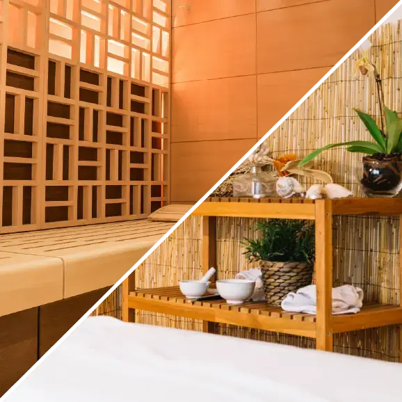 Collage: das Innere einer Holzsauna und ein Wellness-Ruhebereich mit Hautpflege-Utensilien.