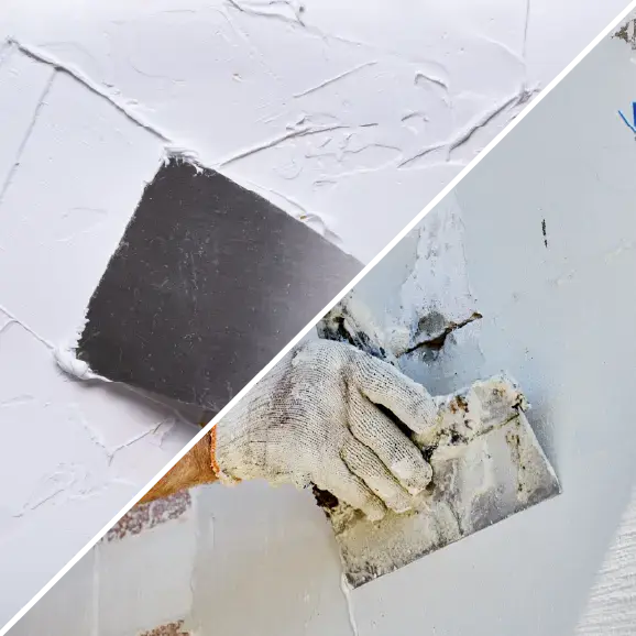 Eine Collage, die Spachtelarbeiten und das Auftragen einer Feinspachtelschicht auf eine Wand mithilfe eines Spachtels zeigt.