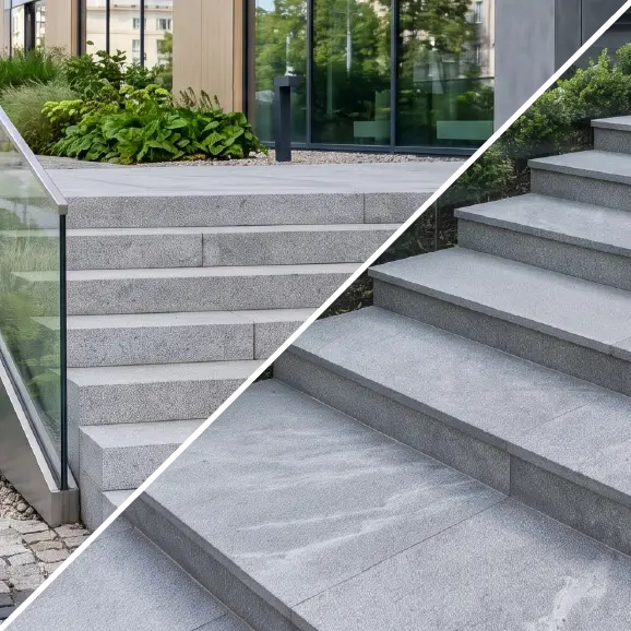 Eine Collage, die auf der linken Seite eine breite, hellgraue Steintreppe zeigt, die zu einem Gebäude führt, und auf der rechten Seite eine Nahaufnahme ihrer Ausführung.