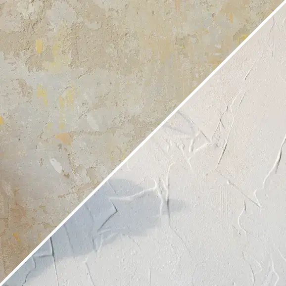 Die Gegenüberstellung einer alten, baufälligen Mauer und einer neuen, verputzten Fläche.