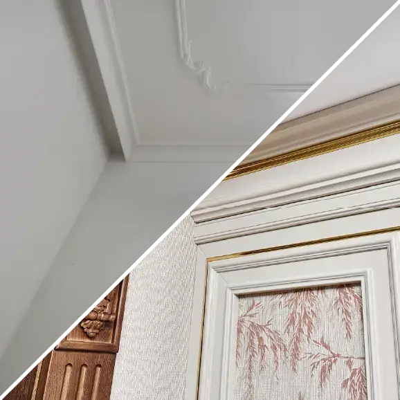 Vergleich von dekorativen Decken- und Wandleisten.