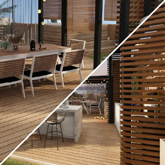 Eine Collage, die eine Holzterrasse mit Essbereich sowie einen überdachten Lounge-Bereich mit Kücheninsel zeigt.
