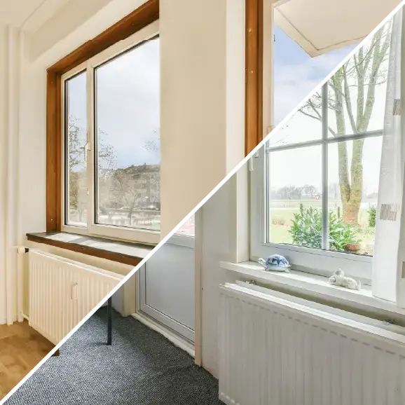 Ein Vergleich zweier Innenräume mit Blick aus dem Fenster: der eine modern, der andere mit klassischen Details.