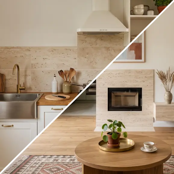 Eine Collage aus einer hellen Küche mit einem Fliesenspiegel aus Travertin und einem Wohnzimmer mit einem Kamin, der mit Travertin verkleidet ist.