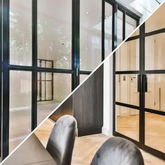 Kombination zweier moderner Glaswände in schwarzen Metallrahmen.