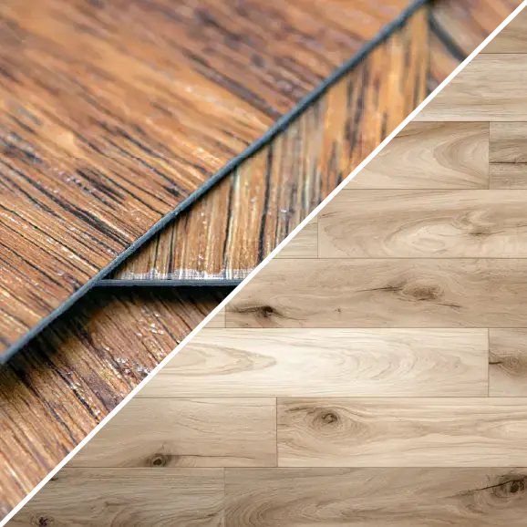 Collage: ein Querschnitt durch Vinylplanken und ein verlegter Boden in heller Holzoptik.