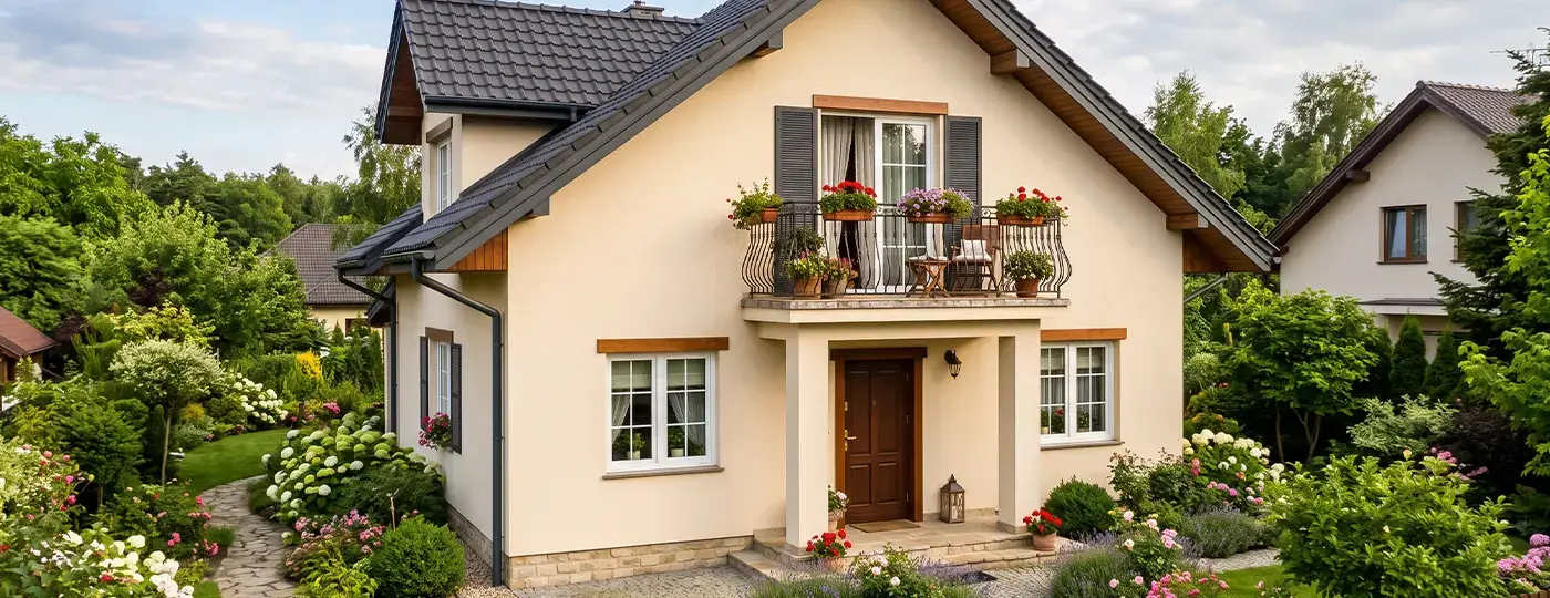 Beigefarbenes Einfamilienhaus mit blumengeschmücktem Balkon, umgeben von einem üppigen Garten.