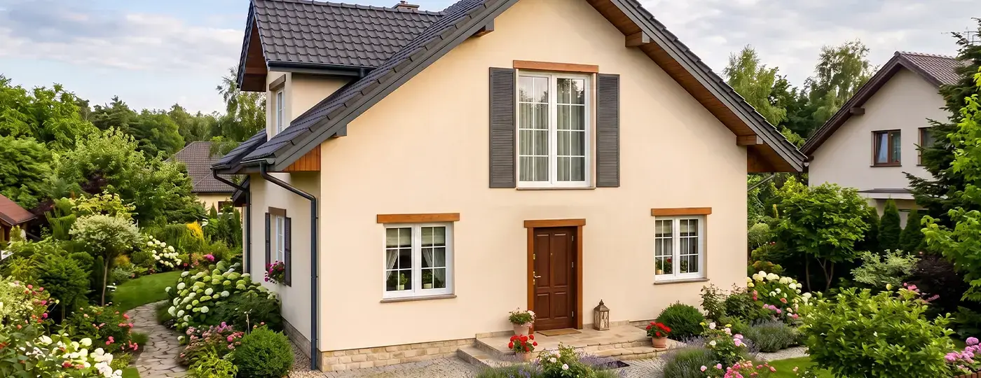Beigefarbenes Einfamilienhaus mit braunen Türen und Fensterläden, umgeben von einem üppigen Garten.