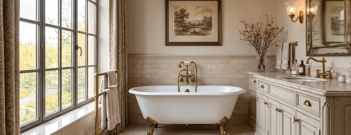 Ein elegantes Badezimmer im Retro-Stil mit einer weißen, freistehenden Badewanne auf Löwenfüßen aus Messing, goldfarbenen Armaturen, einem klassischen Waschtisch und einem großen Sprossenfenster.