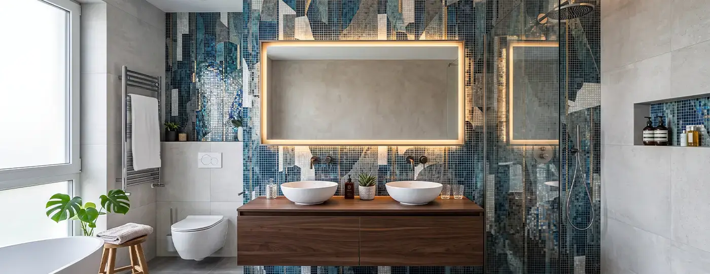 Modernes Badezimmer mit einer blauen Mosaik-Akzentwand, einem beleuchteten Spiegel, einem Holzschrank und zwei Waschbecken.