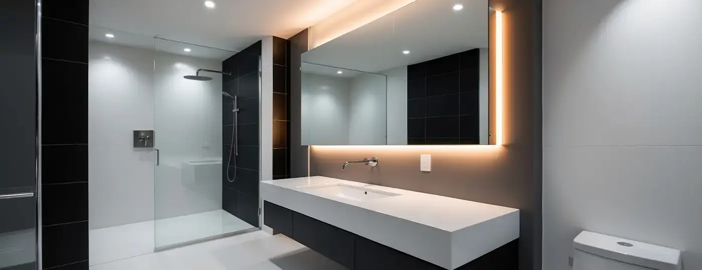Ein großer, rechteckiger Spiegel mit warmer LED-Beleuchtung über einem breiten Waschbecken in einem modernen Schwarz-Weiß-Badezimmer.