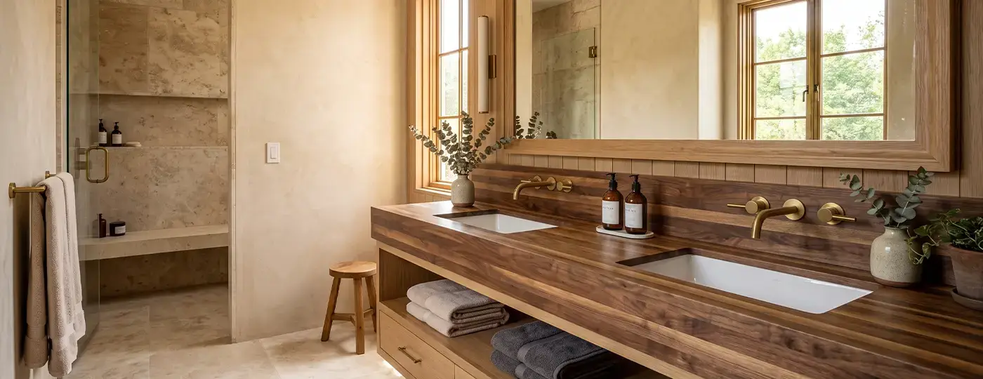 Helles Badezimmer in Beigetönen mit massiver Holzplatte, zwei Waschbecken und Messingarmaturen.