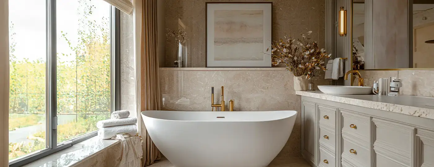Ein luxuriöses, mit beigem Marmor verkleidetes Badezimmer mit einer modernen freistehenden Badewanne, Armaturen in gebürstetem Gold, einem eleganten Waschtisch und einem großen Fenster mit Blick in den Garten.