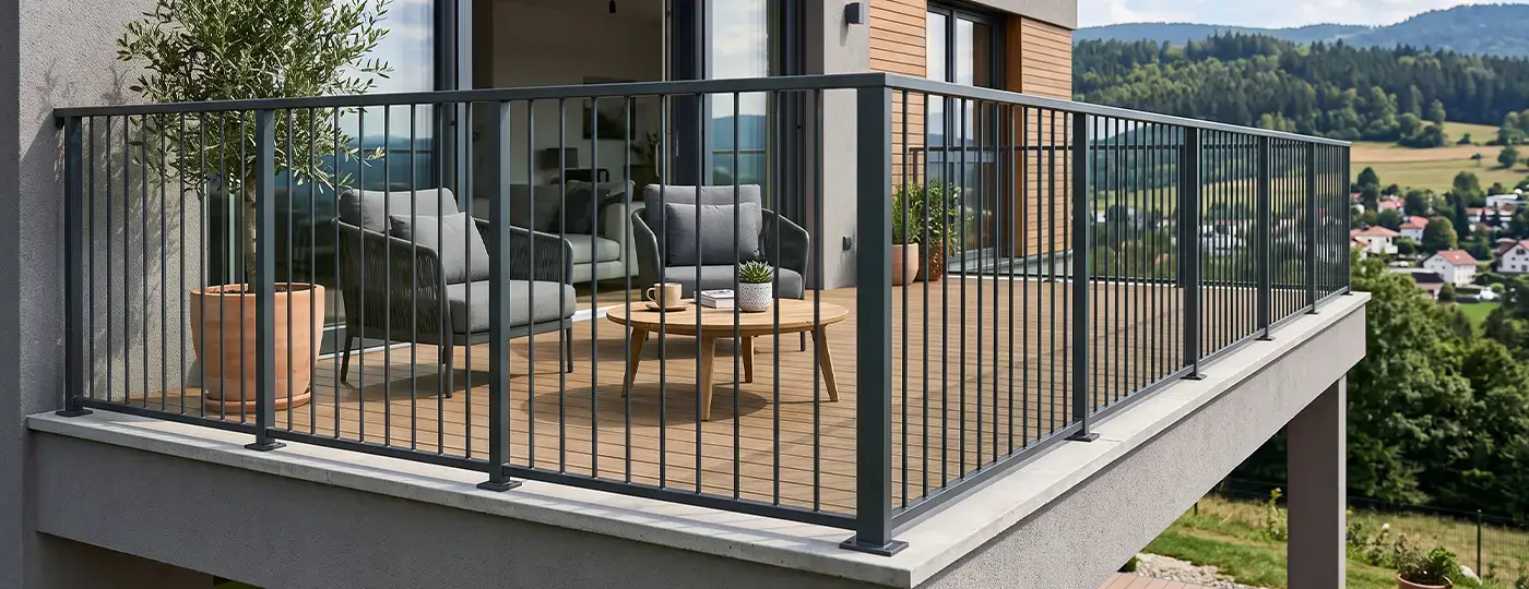 Moderner Balkon mit grauer Brüstung und Loungemöbeln.