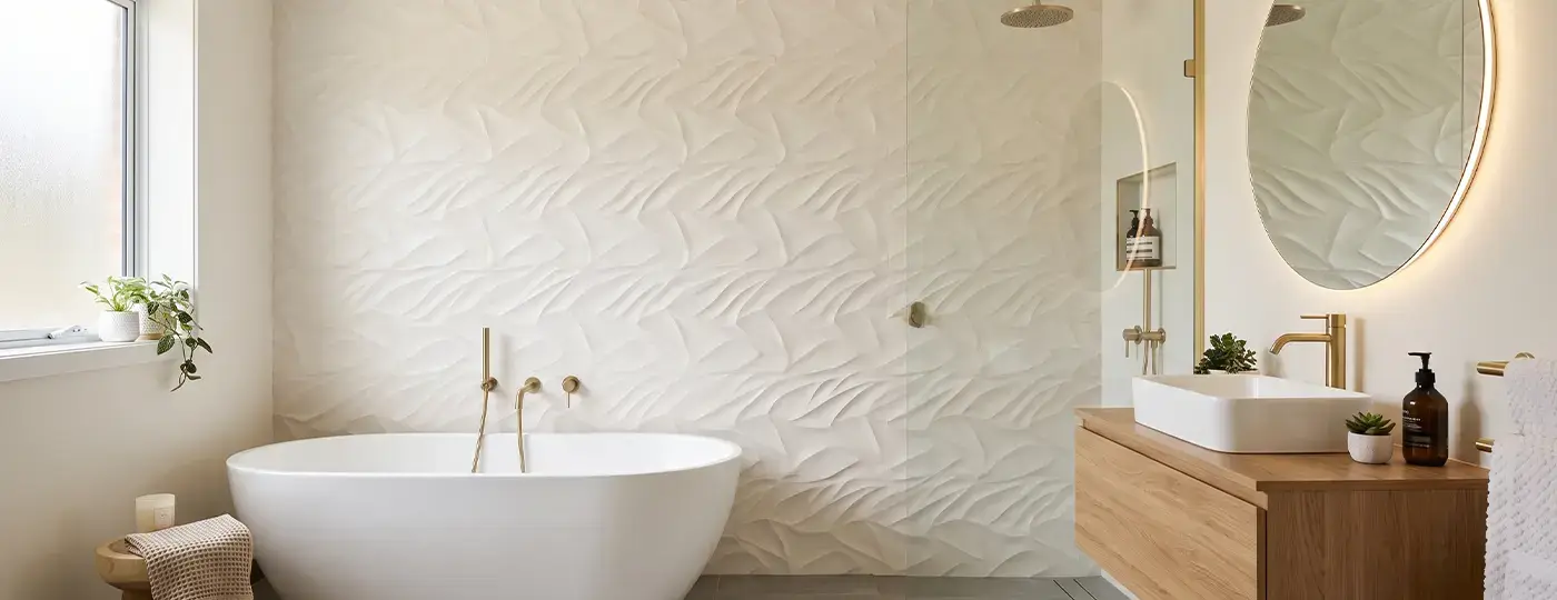 Helles Badezimmer mit freistehender Badewanne, einer beigen Wand mit dreidimensionalen Fliesen in Blattoptik, einem hölzernen Waschtischunterschrank und einem runden Spiegel.