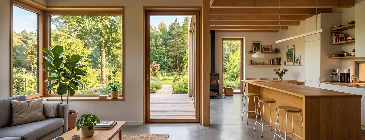 Heller, holzverkleideter Innenraum mit offenem Zugang zur Terrasse und Blick in den Garten.