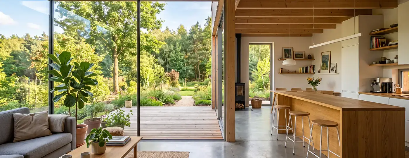 Moderner Holz-Innenraum mit großen Glasflächen, die sich zur Terrasse und zum grünen Garten hin öffnen.