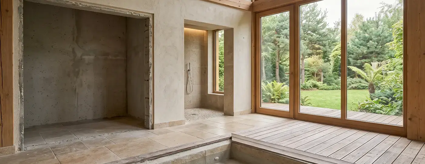 Geräumiger Rohbau, der für einen Wellnessbereich vorbereitet wird – mit Platz für Sauna und Dusche sowie Zugang zum Garten.